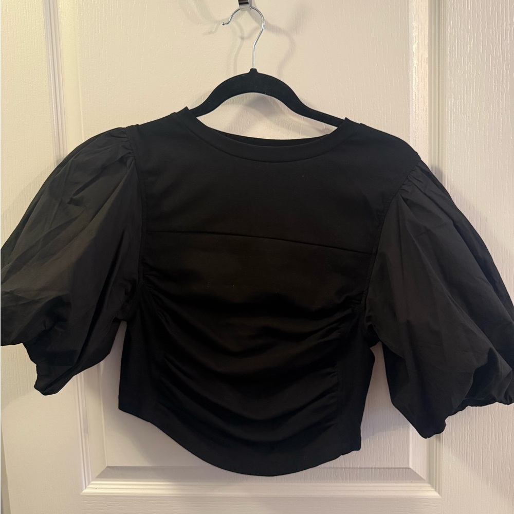 English Factory Black Ruched Puff Sleeve Blouse top